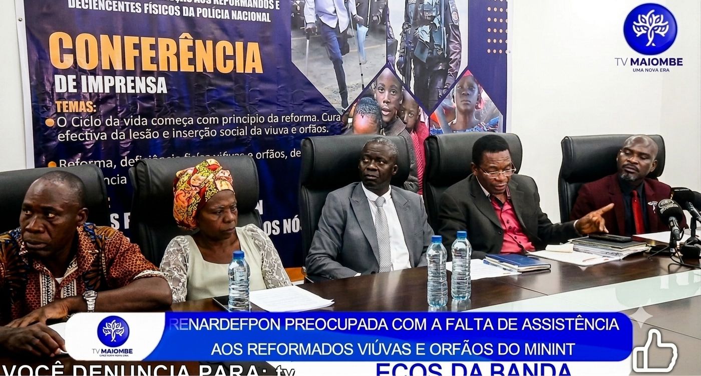 Conferência de imprensa / Aniversário da RENARDEFPON, junho de 2023 - Casa da juventude - viana/Luanda. Tomava a palavra José Pinto Falcão, Secretário Geral discursando sobre a organização e conquistas junto do executivo, órgão do MININT e Polícia Nacional em particular. No centro, Presidente Dr. Eduardo Martins Geraldo, à direita ladeado pelo Secretário Geral e Dr. Ngola, Presidente do Conselho Fiscal. À esquerda dona Ana Neto, representante das viúvas(os) e orfãos
