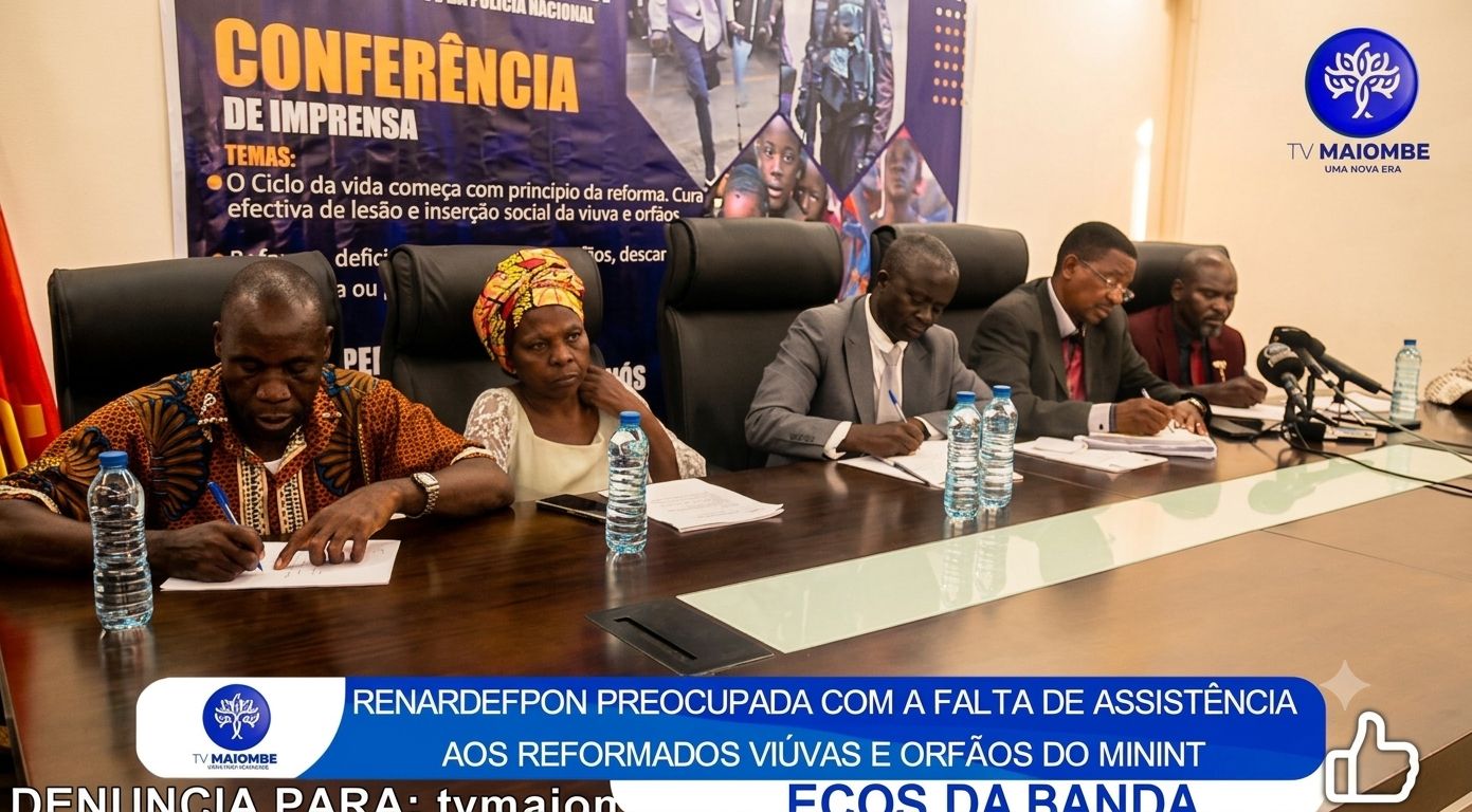 Conferência de imprensa / Aniversário da RENARDEFPON, junho de 2023 - Casa da juventude - viana/Luanda. Tomava a palavra José Pinto Falcão, Secretário Geral discursando sobre a organização e conquistas junto do executivo, órgão do MININT e Polícia Nacional em particular. No centro, Presidente Dr. Eduardo Martins Geraldo, à direita ladeado pelo Secretário Geral e Dr. Ngola, Presidente do Conselho Fiscal. À esquerda dona Ana Neto, representante das viúvas(os) e orfãos